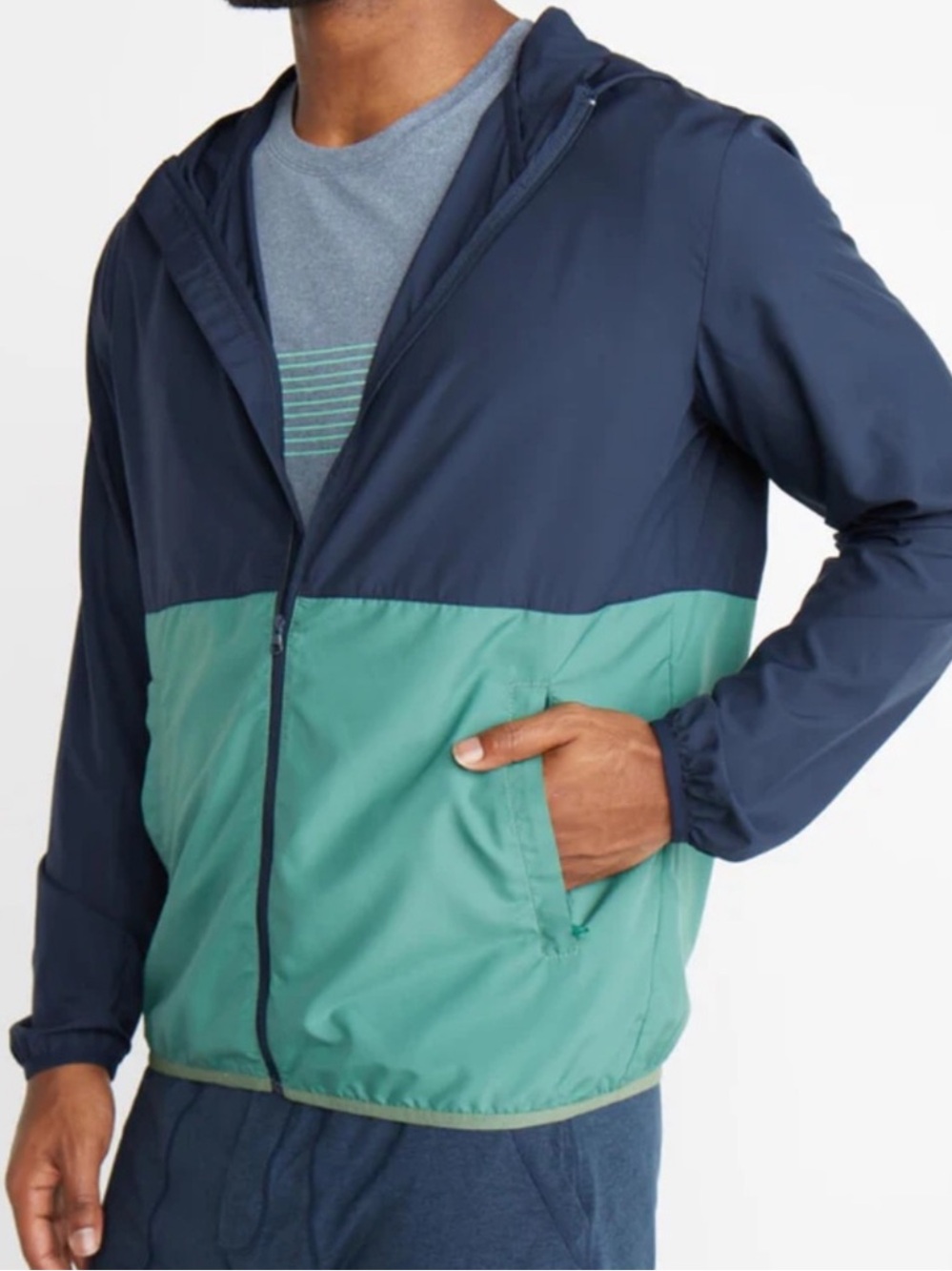 Marine Layer Packable Windbreaker in Navy and Teal Colorblock